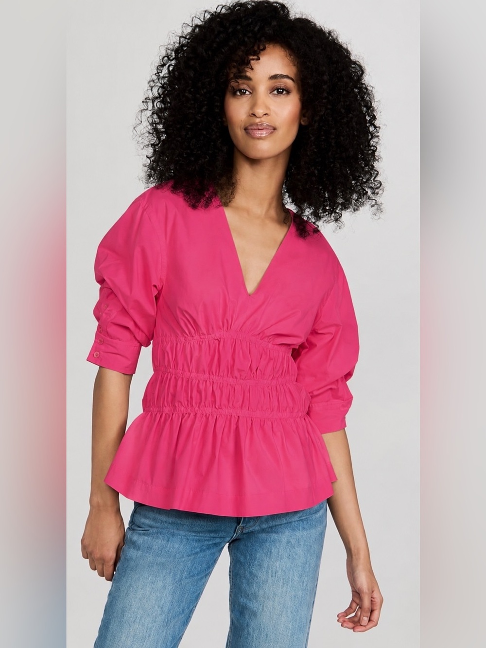 Jonathan Simkhai Yuni Cotton Poplin Smocked Peplum Top Pink Size 4